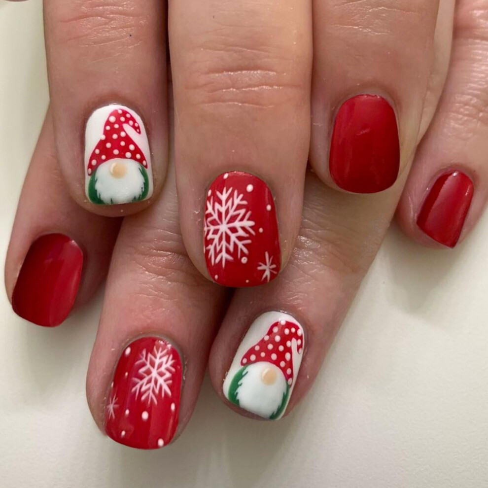 Red Christmas Snowflake Press On Nails Winter Holiday Fake Nail Set With Festive Designs 24Pcs