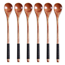 Juego de 6 cucharas de madera con mango largo para té y café, estilo japonés, para postres y miel.