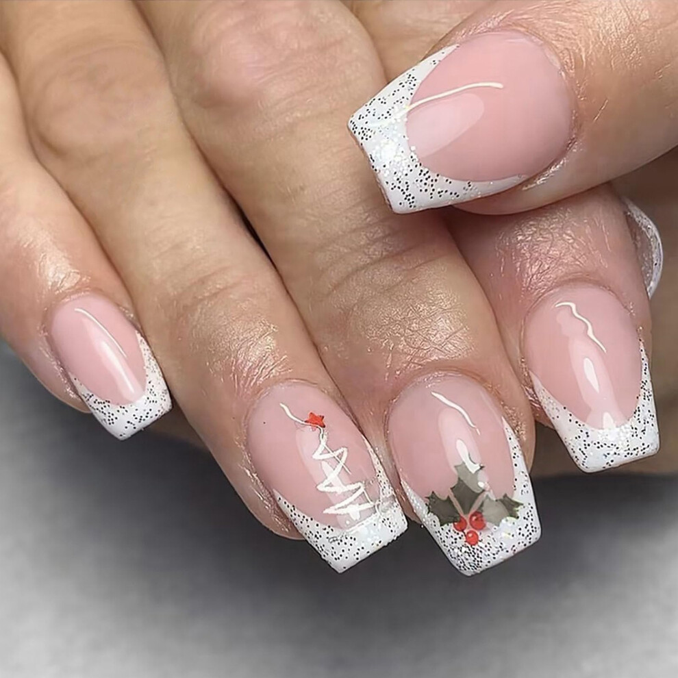 Pink Christmas Press On Nails Snowflake Coffin Fake Nails 24Pcs Readytowear Salon Style