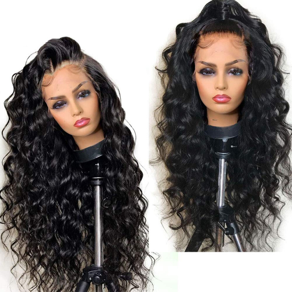 Unisex Black 13X6 Lace Front Wig With Fake Scalp Brazilian Loose Wave Human Hair Glueless Wig For Women 16'