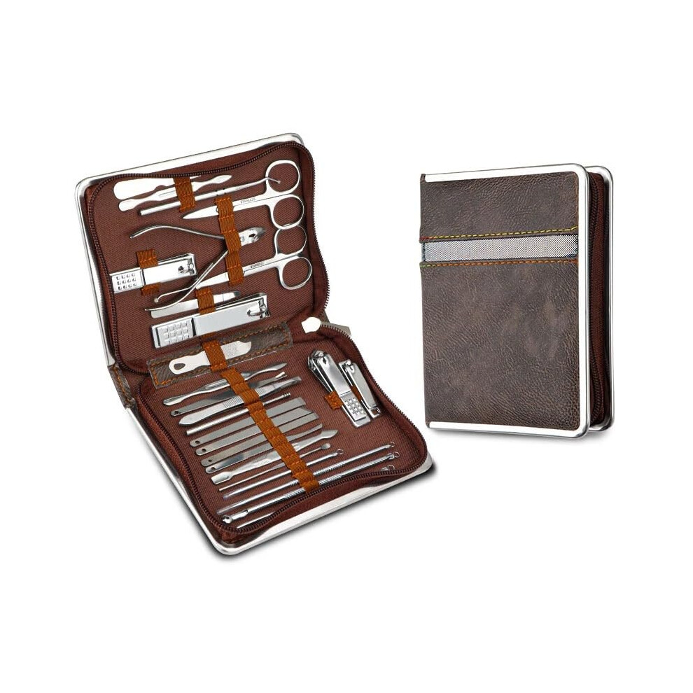 Manicure Set 26 Piece Stainless Steel Nail Clippers Kit with Leather Case for Professional Grooming
