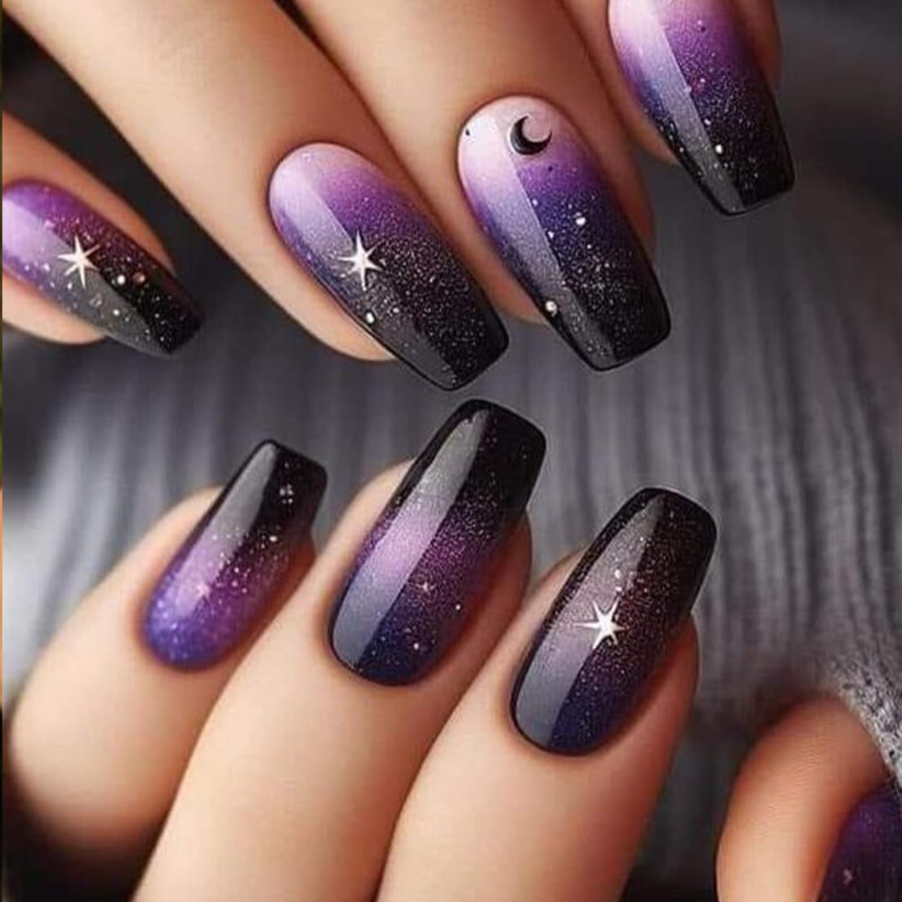 24PCS Medium Square Press on Nails Night Sky Moon Stars Glossy Acrylic Fake Nails for Women