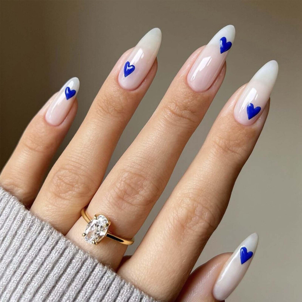 Medium Almond Press On Nails White Fake Nails with Heart Design Reusable Acrylic Nail Kit 24Pcs