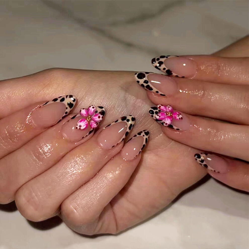 Press on Nails Almond Medium Stiletto Fake Nails with Glue Leopard Floral Design 24pcs