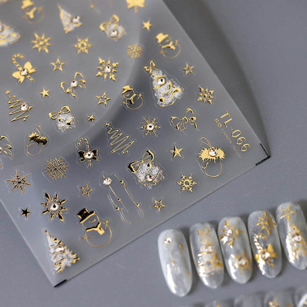 Gold Christmas Nail Stickers 3D Bow And Snowflake Rhinestone Decals Selfadhesive Festive Nail Art