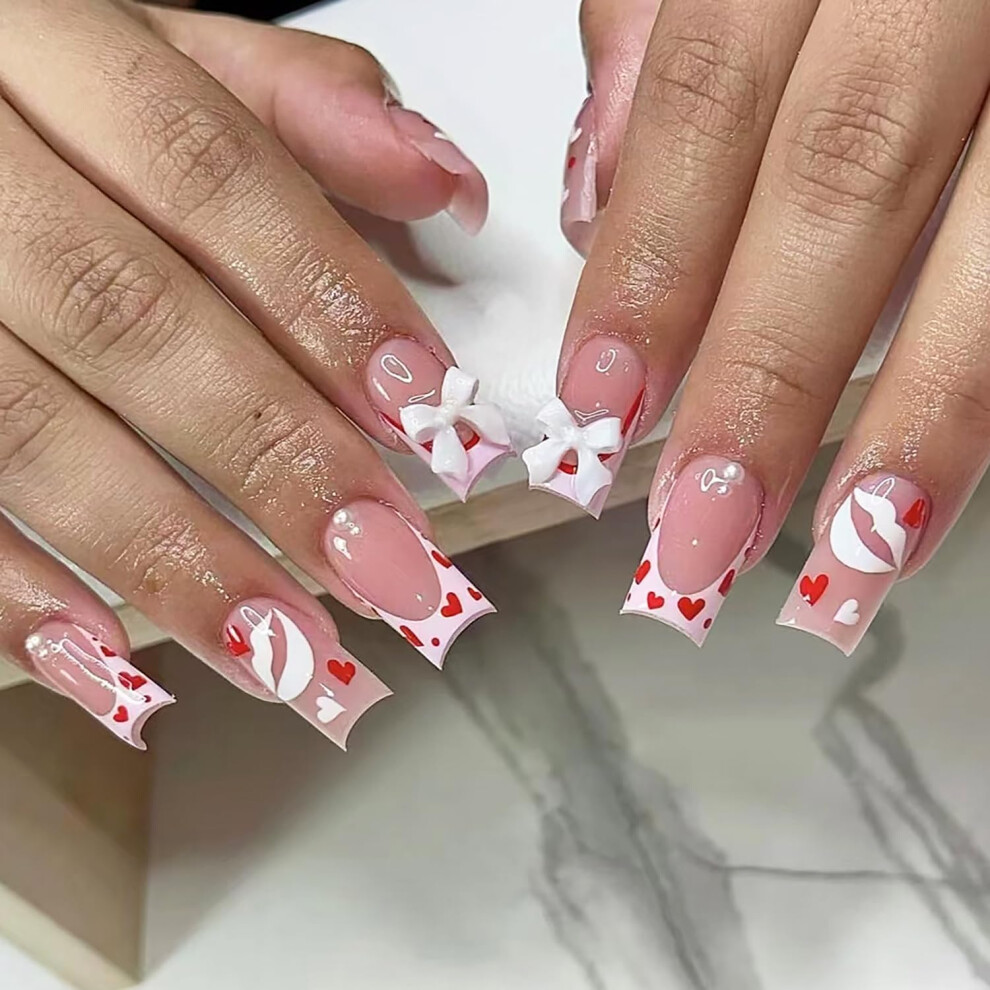 Valentine's Day Press on Nails Set â 24pcs Reusable Coffin French Tip Fake Nails with Heart Design