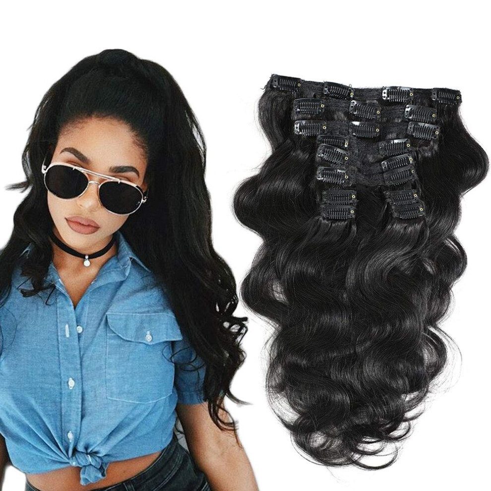 Unisex Black Clip In Human Hair Extensions 18 Inch Body Wave Natural Brazilian Virgin For Instant Length And Volume