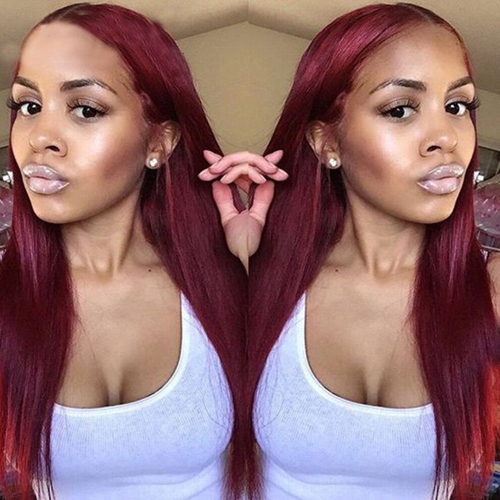 Unisex Red 99J Wine Silk Straight Human Hair Lace Front Wig Glueless Pre Plucked Brazilian Remy 10 Inch