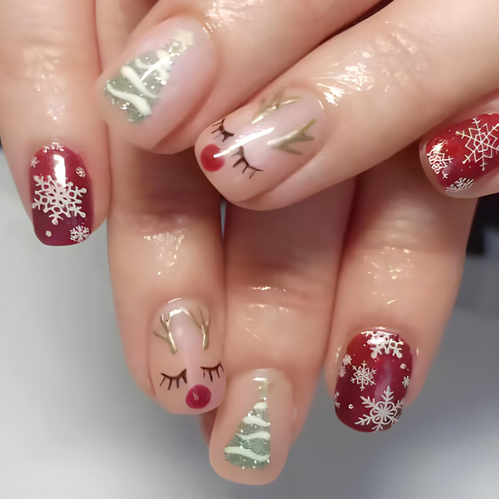 Red Christmas Press On Nails Short Square Snowflake Elk Tree Design Fake Nails Set Reusable