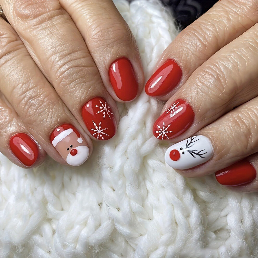 Christmas Press On Nails Short Oval Fake Nails Set with Snowflake Elk Santa Design, 24Pcs