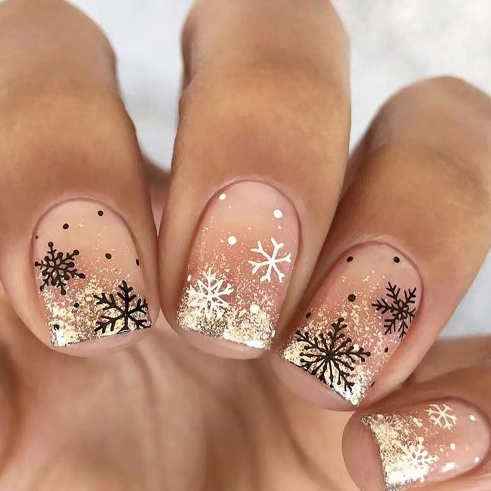 Christmas Press On Nails Set 24pcs Short Square Snowflake Fake Nails for Women Reusable