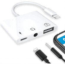 Cuibheoir 3in1USB atá comhoiriúnach le iPhone, Muirearú OTG & Seac Cluasán 3.5mm, Breiseán agus Súgradh, Tacaíonn sé le Tiomántán Flash,