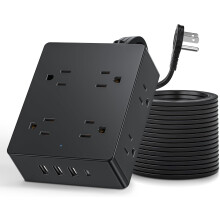 Listwa zasilająca z zabezpieczeniem przeciwprzepięciowym, ultracienki płaski przedłużacz z wtyczką 1,5 m, 8 gniazd, 4 porty USB (1 USB C), 1080