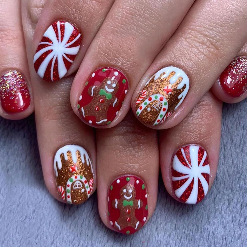 Christmas Almond Press On Nails Set with Gingerbread Candy Cane Designs, Short Festive Fake Nails 24pcs
