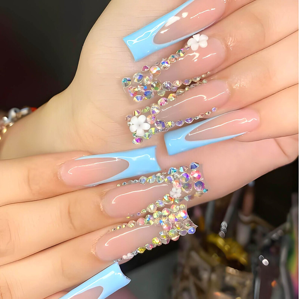 Blue French Tip Press on Nails with Rhinestones, Long Square Fake Nails for Women, 24pcs