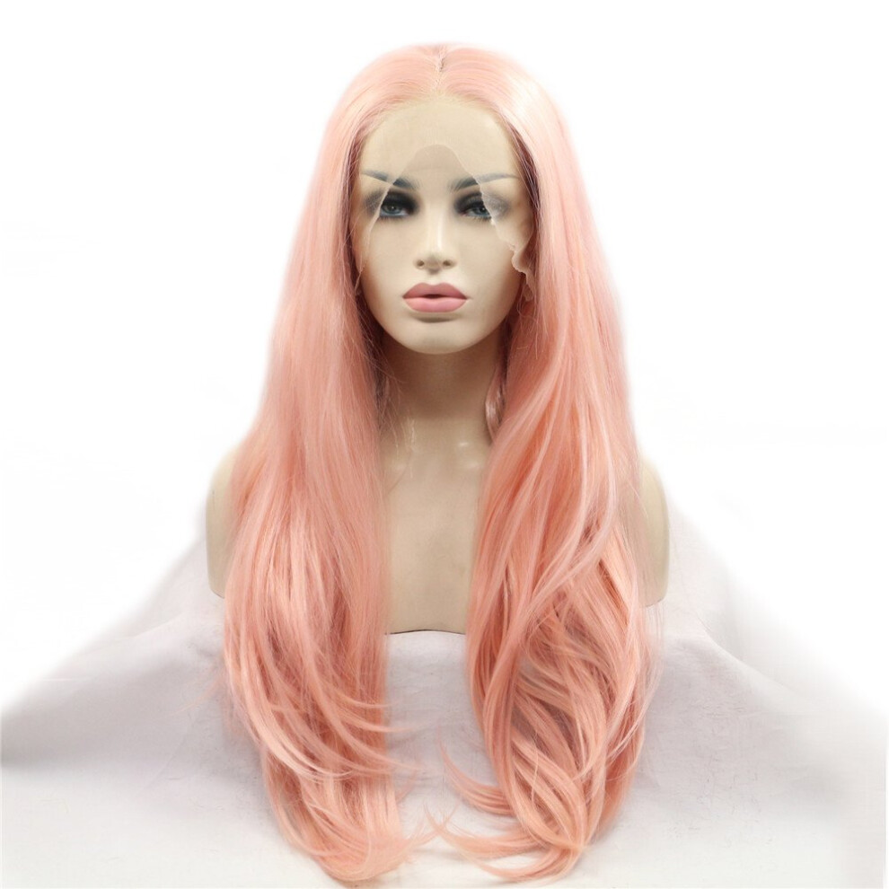 Unisex Pink Silky Straight Lace Front Wig 24 Inch Heat Resistant Synthetic With Realistic Hairline