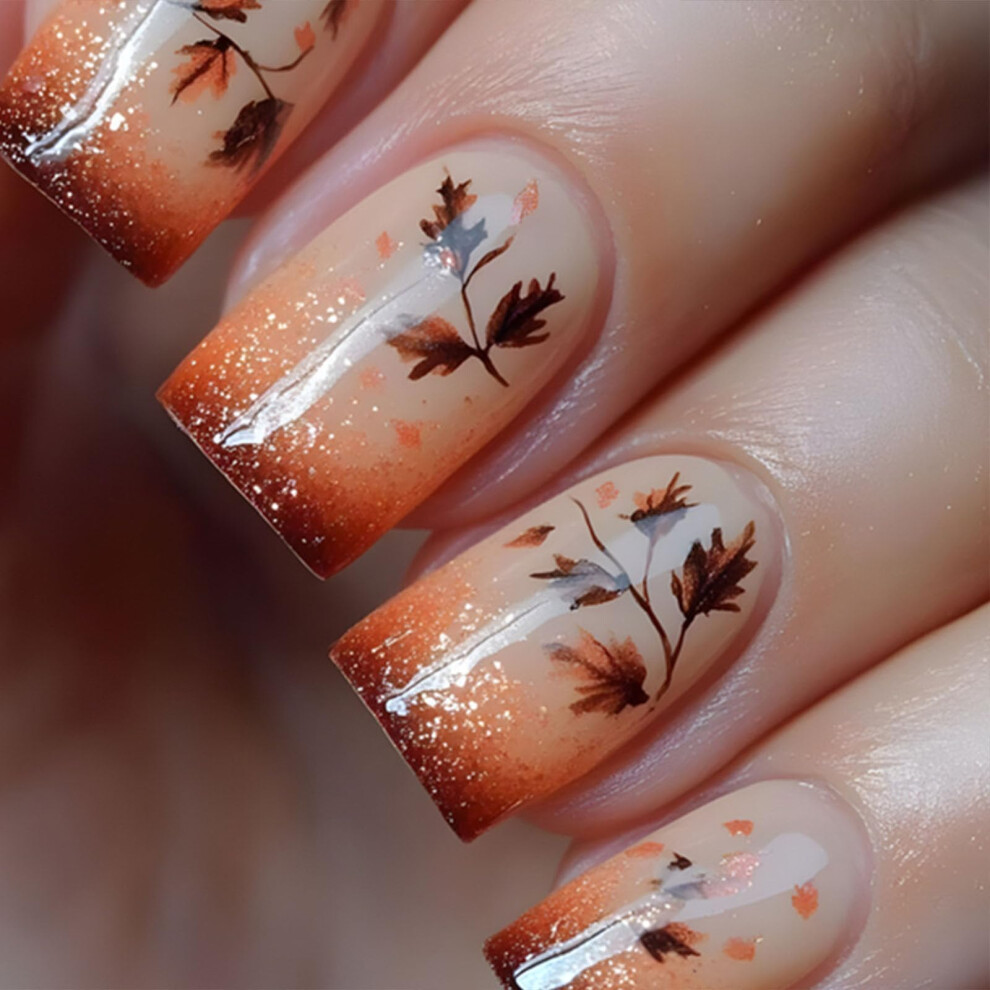 Orange Fall Maple Leaf Press On Nails Gradient Glitter Short Square Acrylic Fake Nails 24Pcs