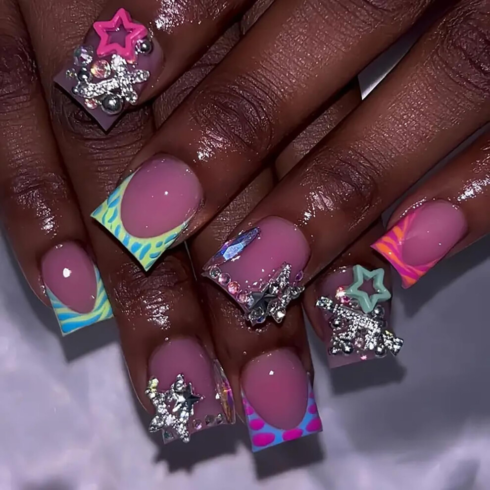 Press On Nails Duck Shaped Wide French Tip False Nails with Rhinestones Y2K Style 24 Pcs