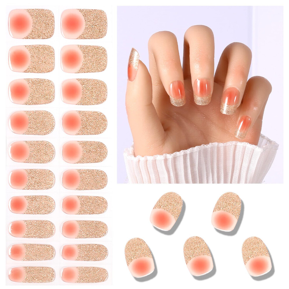 Gold 20Pcs Semi Cured Gel Nail Strips Glitter French Tip Uv Led Stickers Longlasting Salon Quality