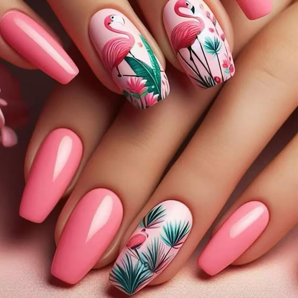 Valentine Press On Nails Coffin Shape Rose Pink Fake Nails with Glue Glossy Full Cover 24PCS