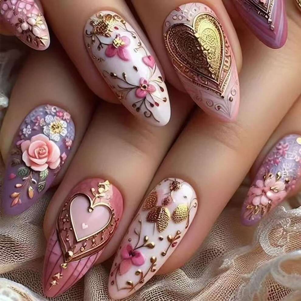 Valentine's Day Press On Nails Medium Almond Heart Design 24 Pcs Romantic False Nails Set