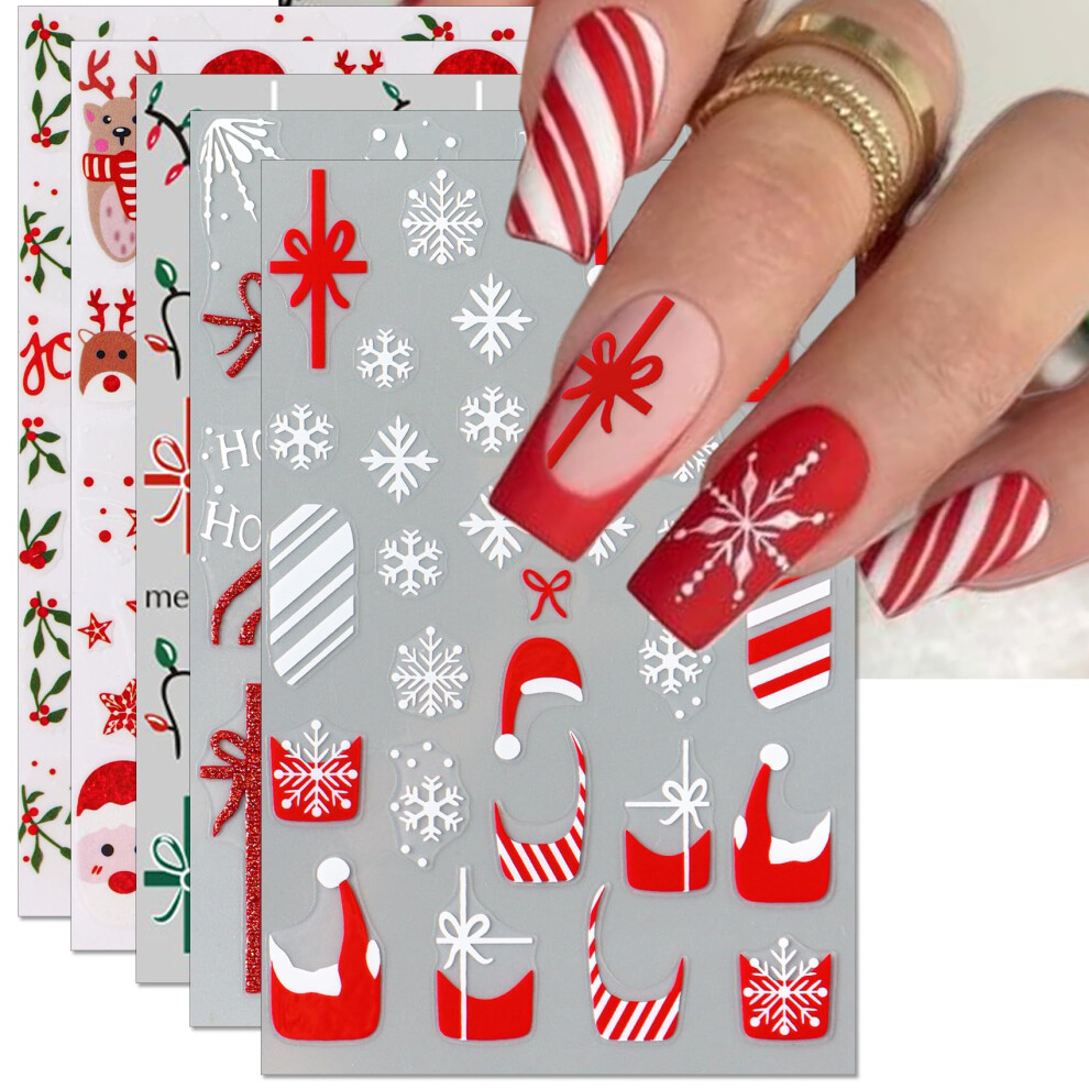 Christmas Nail Stickers 3D Glitter SelfAdhesive Santa Snowflake Holiday Nail Art Decals 5 Sheets
