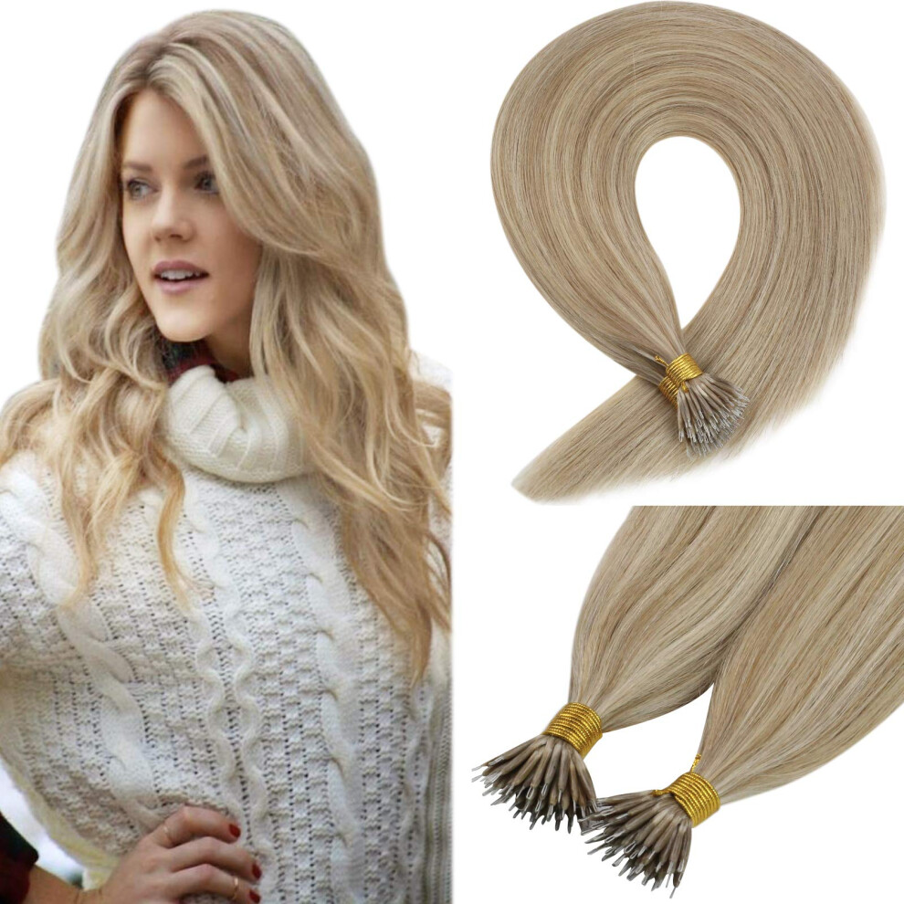 Unisex Dark/Golden 14 Inch Nano Ring Human Hair Extensions Ash Blonde Mixed Blonde Remy 50G Pack