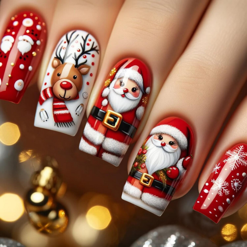 Christmas Press On Nails Medium Square Santa Snowflake Elk Design 24pcs Reusable Holiday Set