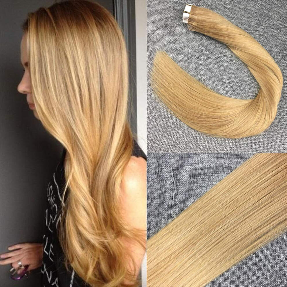 Unisex 16 Inch Honey Blonde Tape In Hair Extensions Invisible Skin Weft Natural Remy Human Hair 20Pcs