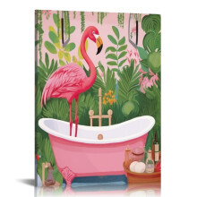 ONETECH Flamingo in der Badewanne Leinwanddruck, tropisches rosa Flamingo-Wandbild für Badezimmer, Geschenkidee für die Toilettendekoration