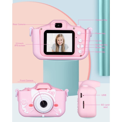 Câmera rosa para crianças, câmera digital de 2 polegadas para crianças, brinquedo digital. 2