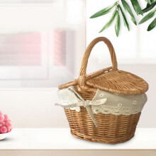 Wicker Picnic Basket with Lid and Handle, Sturdy Woven Body Storage Basket with Washable Liner for Camping