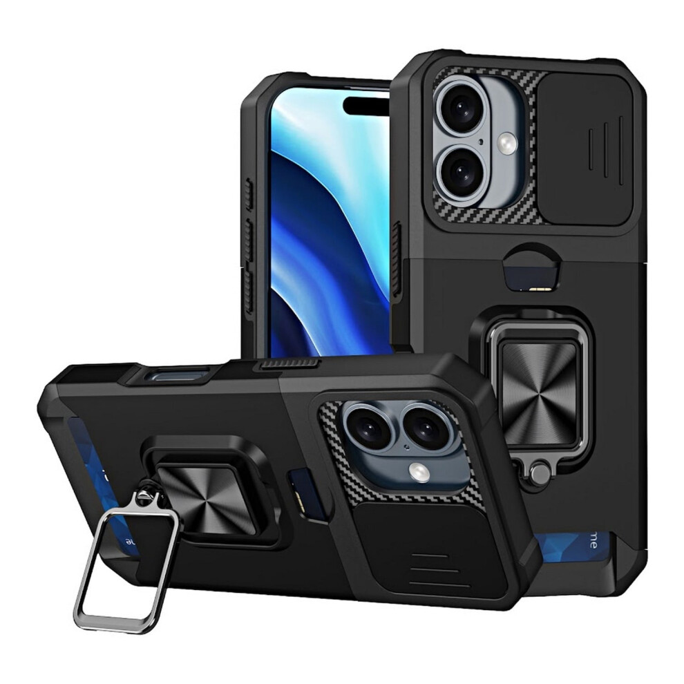Phone Case Compatible With Apple Iphone 16 Plus (6.7"), 3-In-1 Shock-Absorbing Cover With Camera Protection, Card Holder & Kickstand (Black) Black 9164030712577