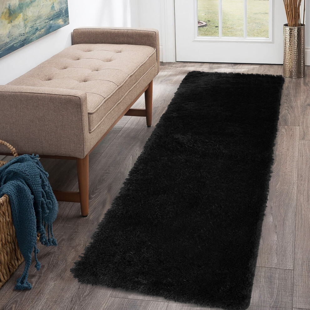 Whizmax 2' X 8' Shag Fluffy Runner Rug Soft Plush Area Rug Carpet Non-Slip Fuzzy Bedside Rug For Nursery Dorm Hallway Laundry, Black