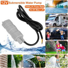 Pompe à eau submersible 12 V avec hauteur de refoulement maximale de 5 m et débit de 1000 L/h pour arroseurs de jardin, douches de pelouse et