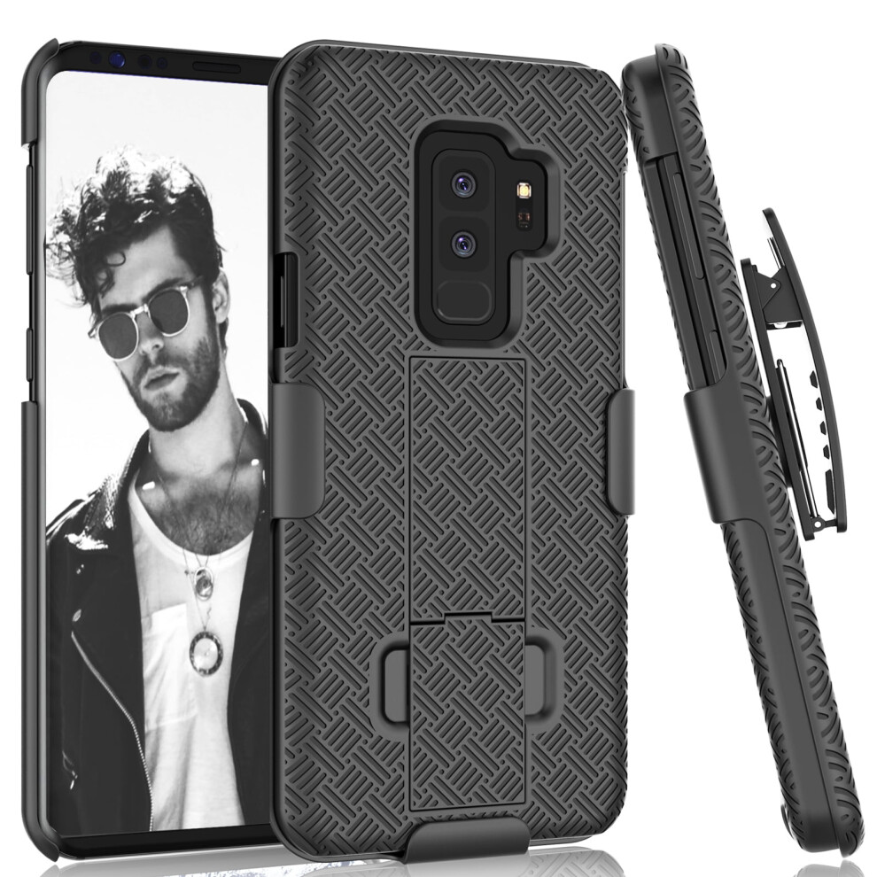 Galaxy S9 / S9 Plus Case, Compatible With Samsung S9 Holster Belt, Shock Absorbing Locking Clip Defender Full Body Armor Cover Black 9164030853607