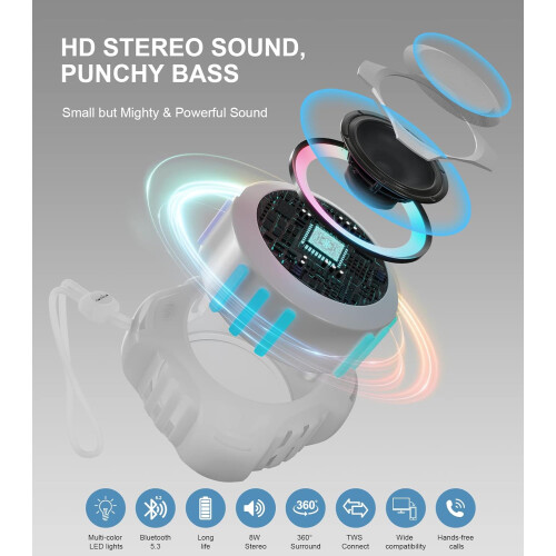 Shower Bluetooth Speaker, Waterproof Bluetooth Speakers IPX7, Floating Portable Wireless Speaker with LED Light, 1