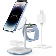 3-i-1 trådlös laddningsstation, 15W snabbt magnetsäkert stativ med QC3.0-adapter kompatibel med iPhone 15 14 13 12Pro Max Plus Mini, iWatch