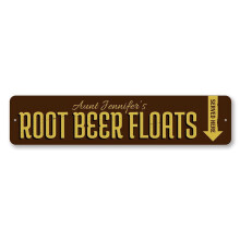 Targa decorativa in metallo per cucina con scritta "Root Beer Floats Served Here" (Birra di radice servita qui), dimensioni: 4x16 pollici