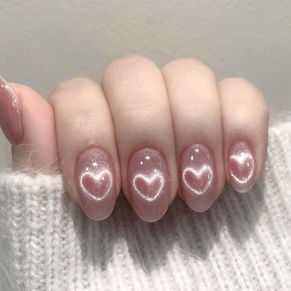 Valentines Press on Nails Short Oval Pink with Heart Glitter Design Fake Nails 24pcs Set