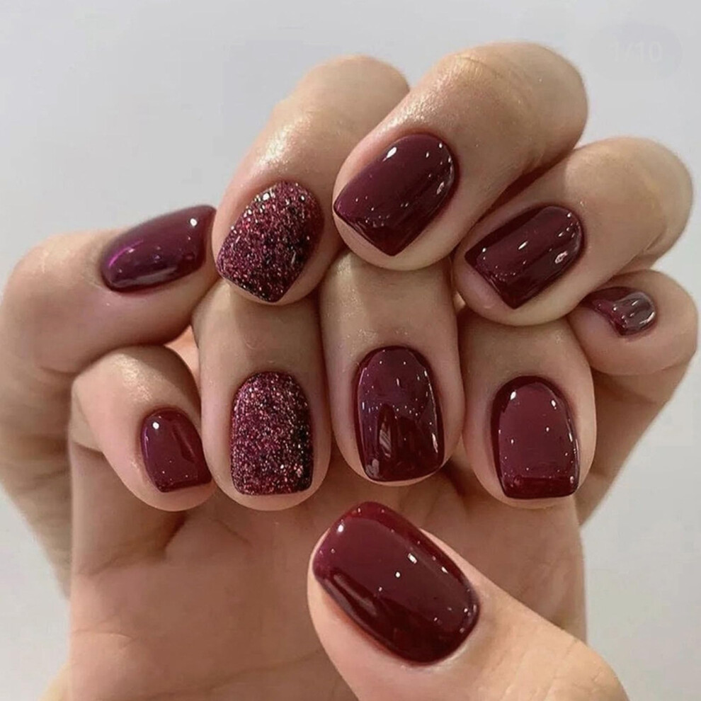 Burgundy Glitter Press On Nails Short Square Acrylic False Nails Reusable Manicure Kit 24Pcs