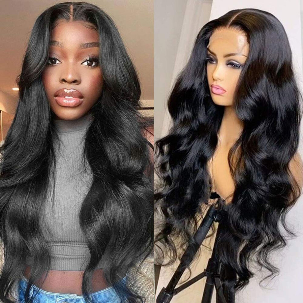 Unisex Black Human Hair Lace Front Wig 12Inch 1B Brazilian Remy Pre Plucked Body Wave Glueless 130% Density
