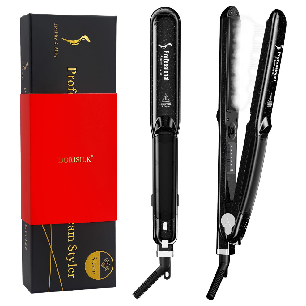 Steam Hair Straightener Ceramic Tourmaline Flat Iron, 2 in 1 Curler, Dual Voltage LED Temp
