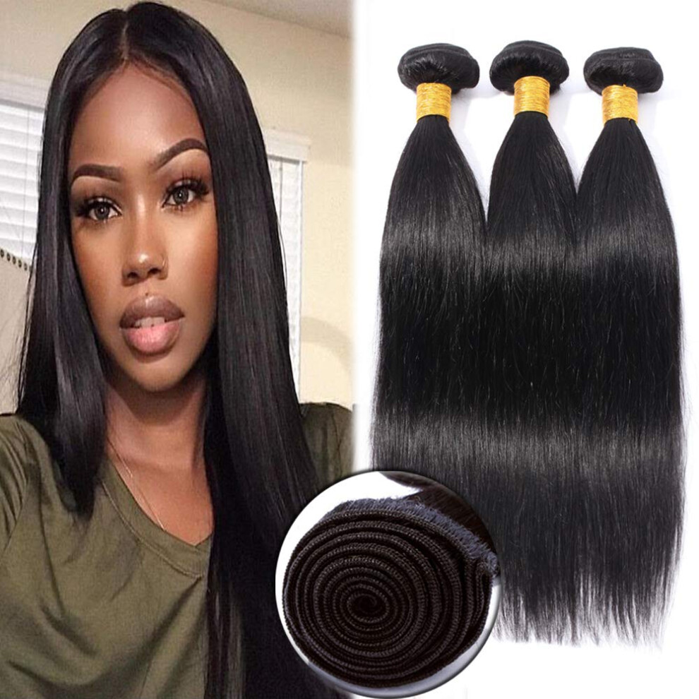 Brazilian Virgin Human Hair Weave Bundles Straight Extensions Sew In 8' 3pcs Natural Black