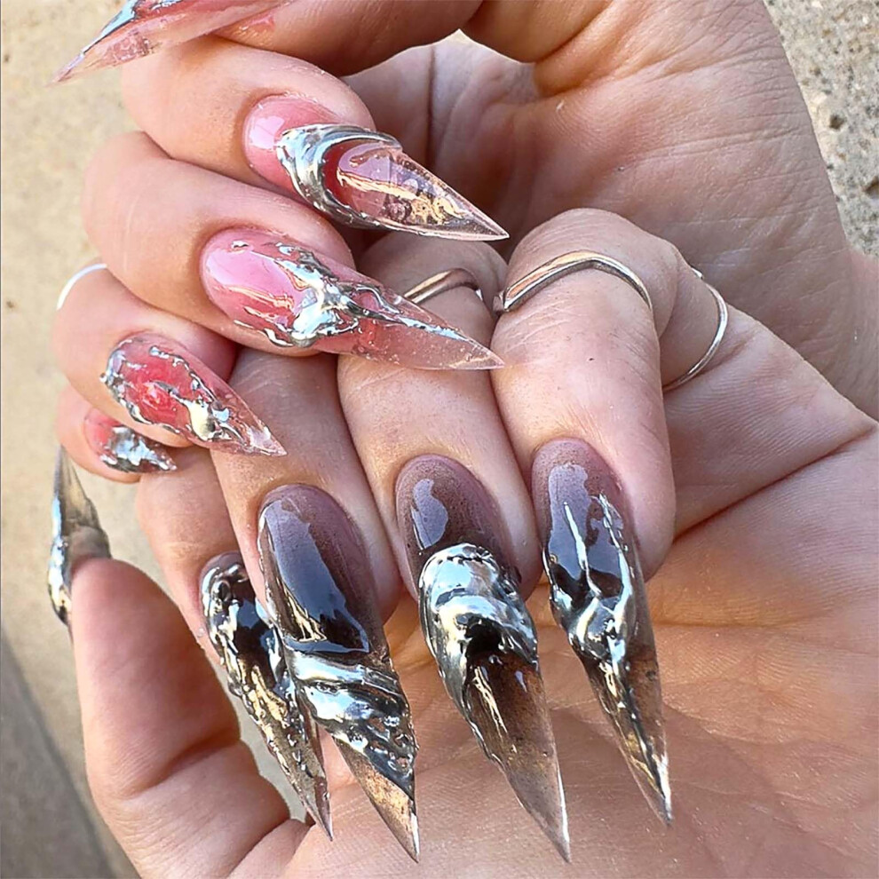 Long Stiletto Press On Nails 3D Ombre Fake Nails Reusable Glue On Set 24PCS for Women