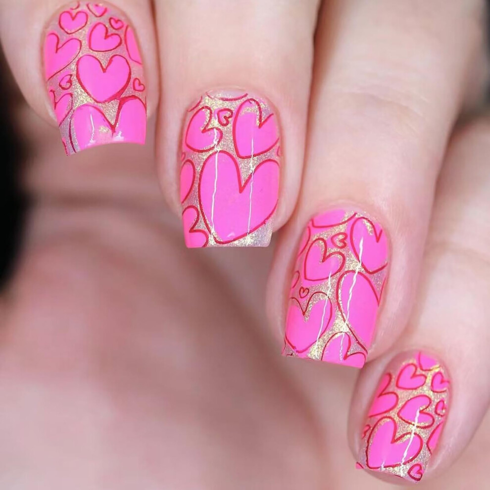 Pink Valentine's Day Press On Nails Set Â Short Square Fake Nails With Glitter Heart Design