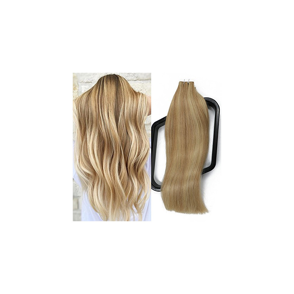 Unisex Tape In Remy Human Hair Extensions 16 Inch #27P613 Blonde Silky Straight Skin Weft Seamless Blend