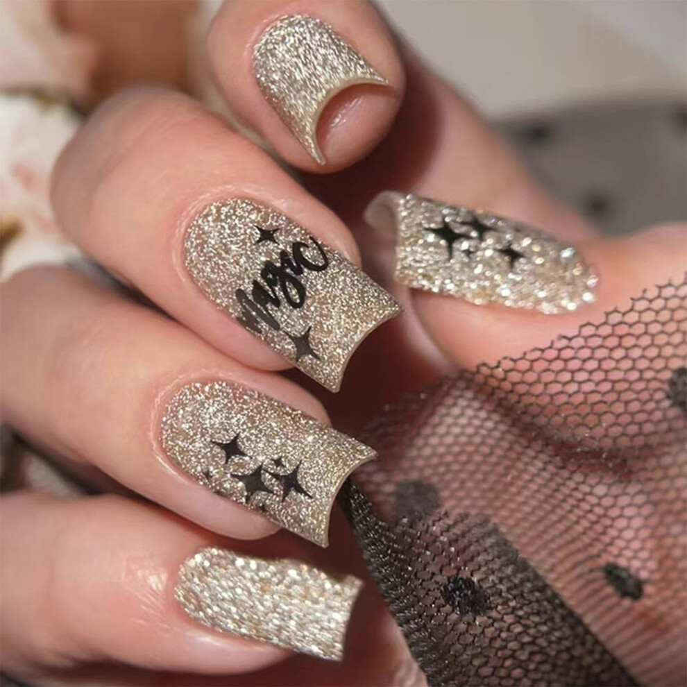 Black,Gold Medium Square Press On Nails Gold Glitter And Black Graffiti Fake Nails 24Pcs Durable Wear