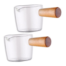 Espresso Shot Glass with HeatProof Wooden Handle and Mini Glass Milk Pitcher for Latte Art