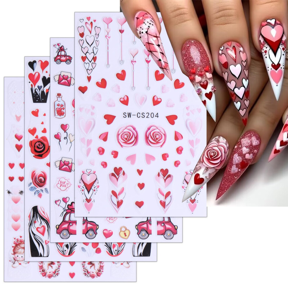 Red Valentine's Day 3D Heart Nail Stickers Selfadhesive Rose Cupid Design Decals For Diy Manicure